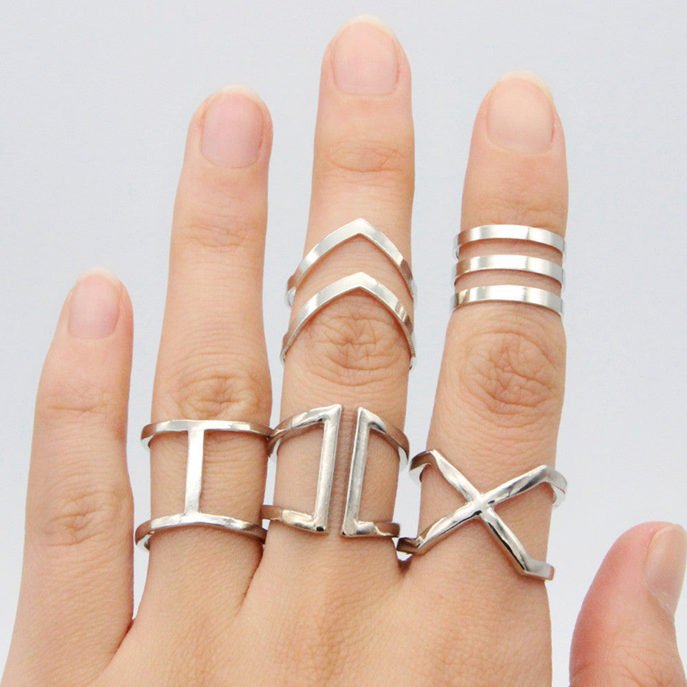 Fashion Personality Cross V Shape Geometric 5 Piece Rings