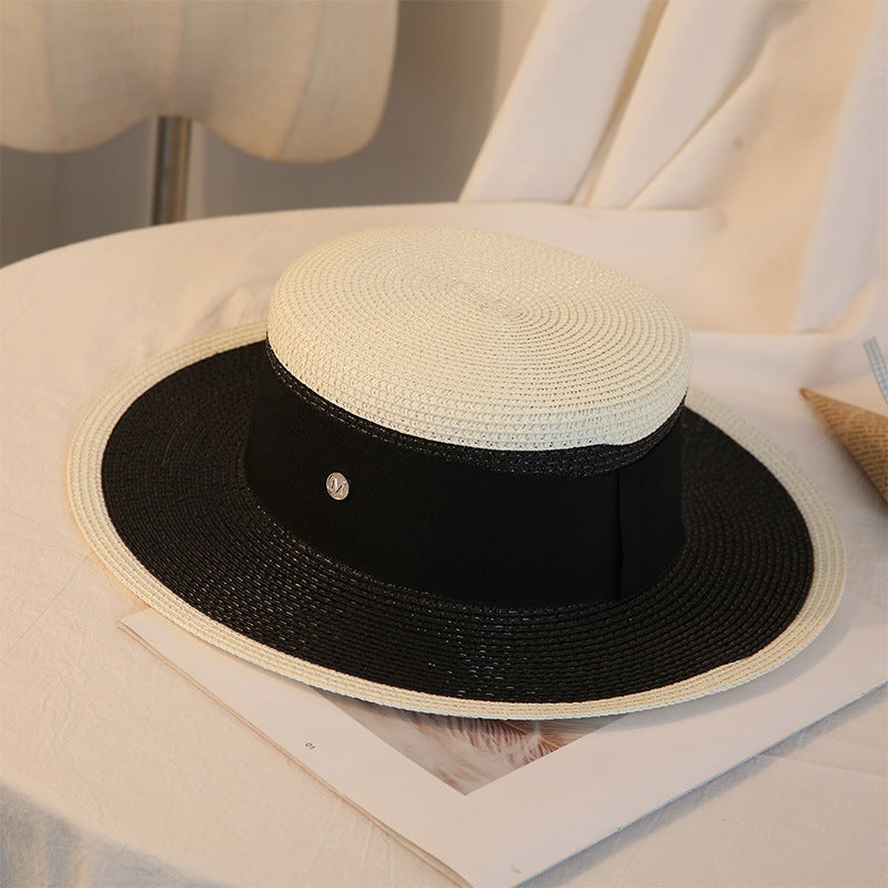 Chapeau de paille plat élégant pour femme, style rétro, pour l'été, idéal pour les voyages, les loisirs, la plage, le soleil, respirant, avec lettre M
