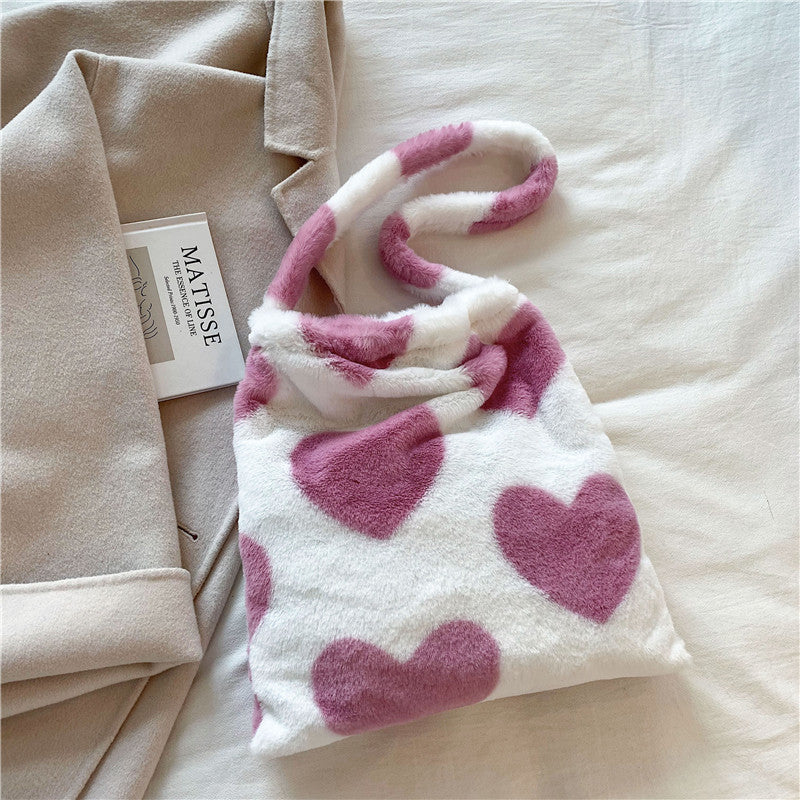 Sacs à bandoulière en peluche pour femmes, motif cœur d'amour, sacs de courses d'hiver