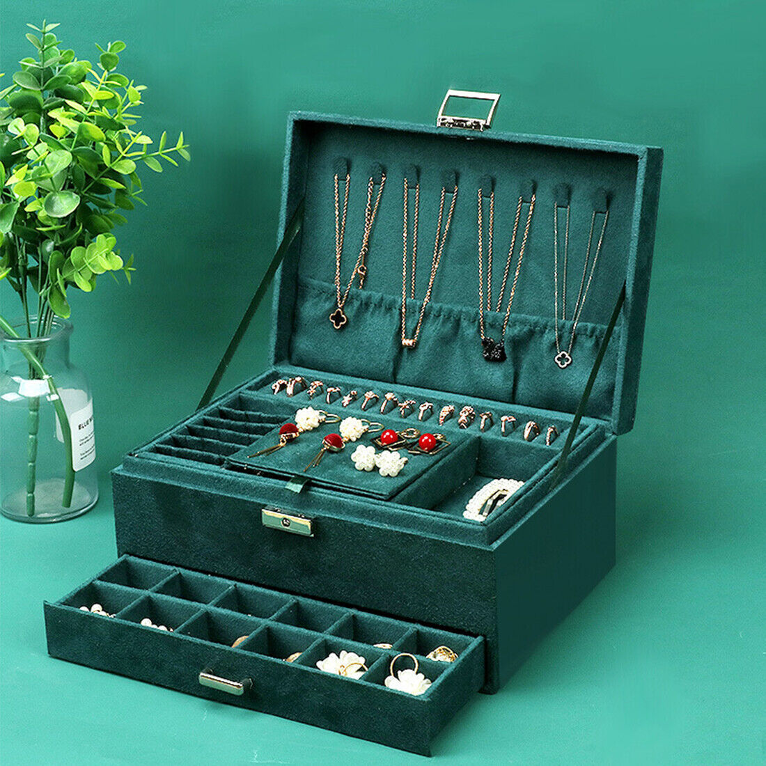 Boîte à bijoux grise à 3 niveaux, organiseur pour bagues, colliers, bijoux