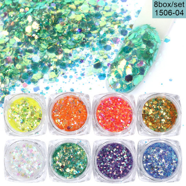 Coffret de 8 boîtes de poudres pailletées pour nail art