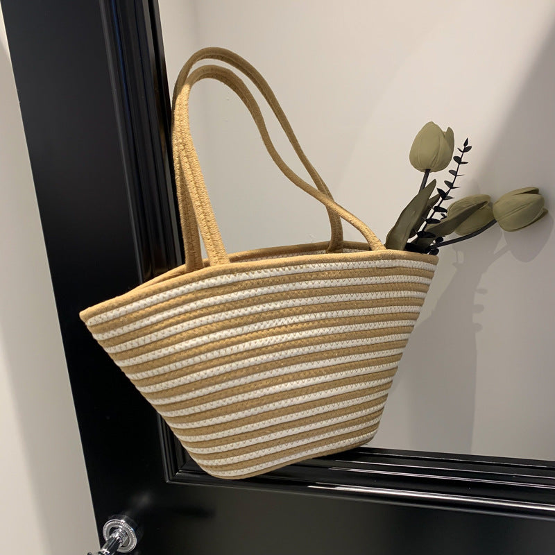 Spring Contrast Color Straw Bag Large Capacity