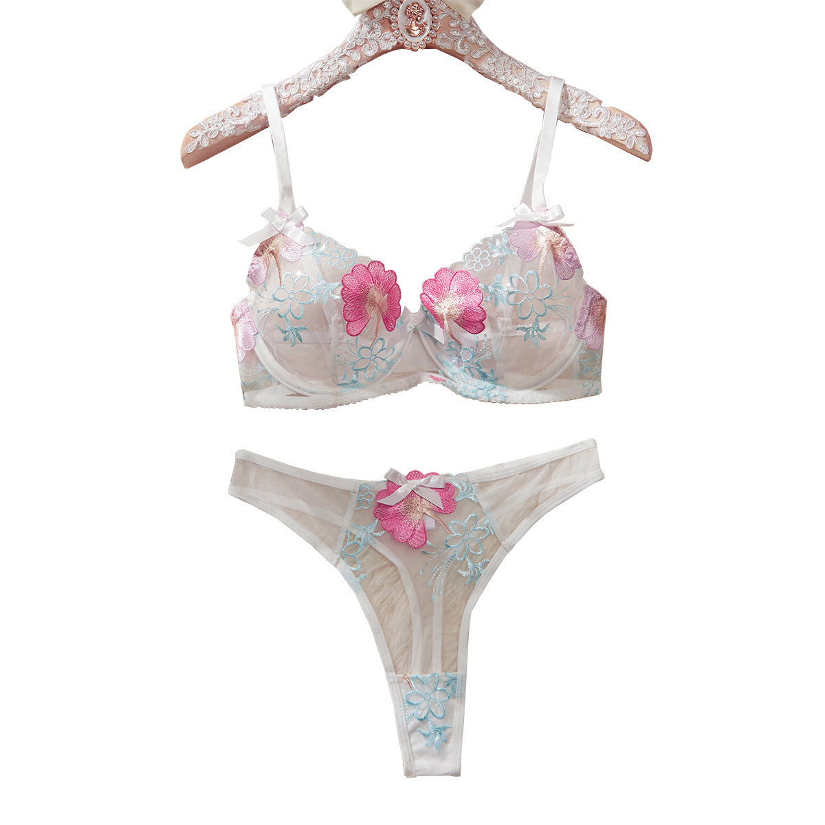 Sous-vêtements brodés de fleurs et de nœuds pour femmes