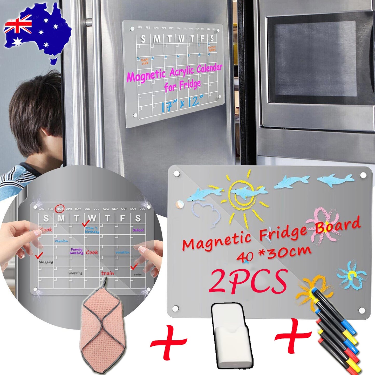 Magnetic Acrylic Fridge Calendar, 2pcs, Monthly Planner & Blank Planner Board