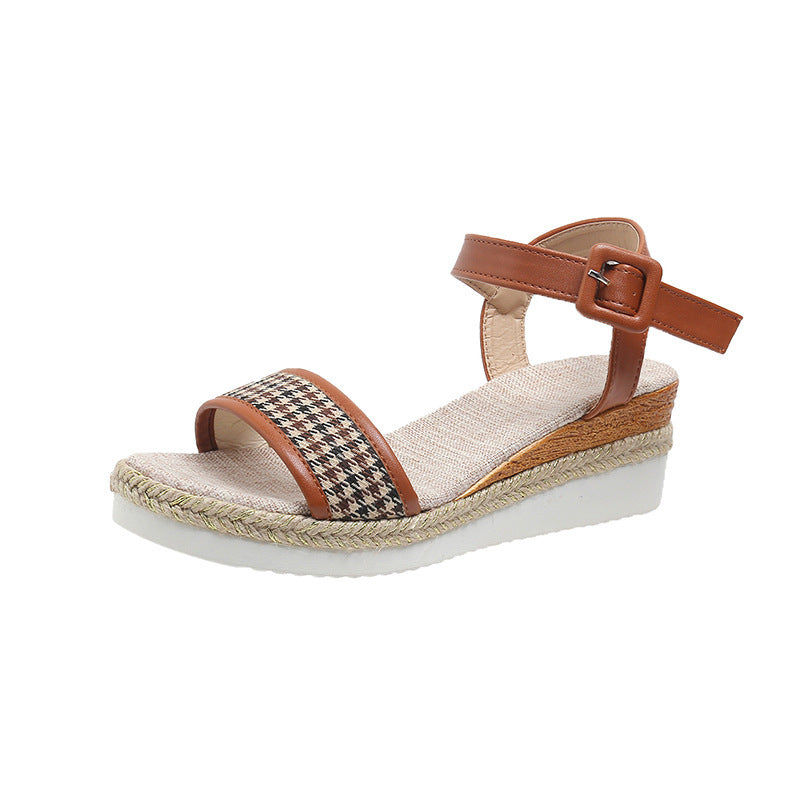 Sandales à imprimé pied-de-poule pour femmes, chaussures d'été à boucle