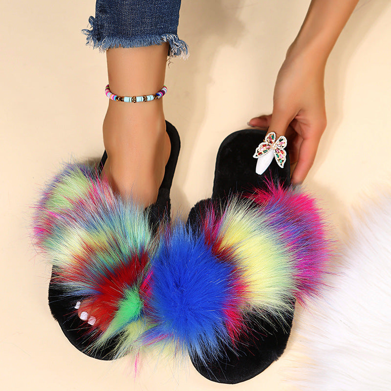 Chaussons plats longs en laine chaude et pelucheuse de couleur assortie