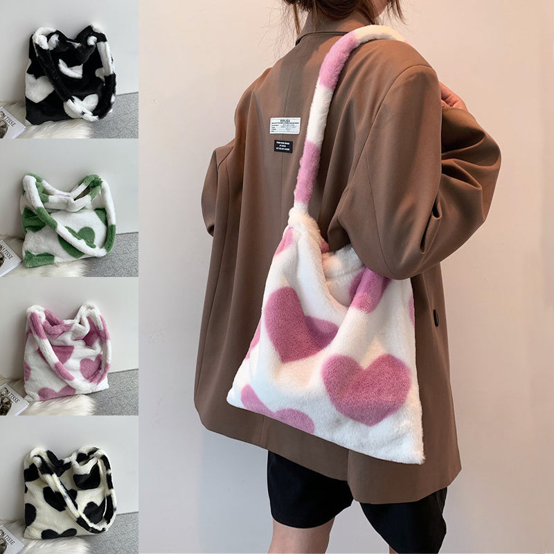 Sacs à bandoulière en peluche pour femmes, motif cœur d'amour, sacs de courses d'hiver