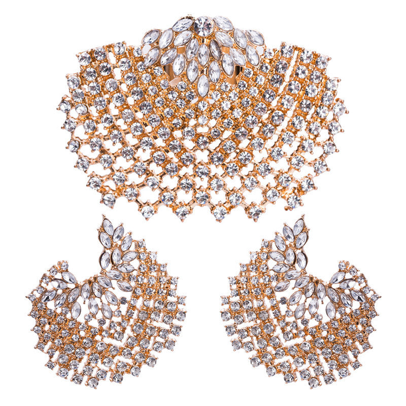 Fashion All-match Full Diamond Geometric Earrings Ring Set Women