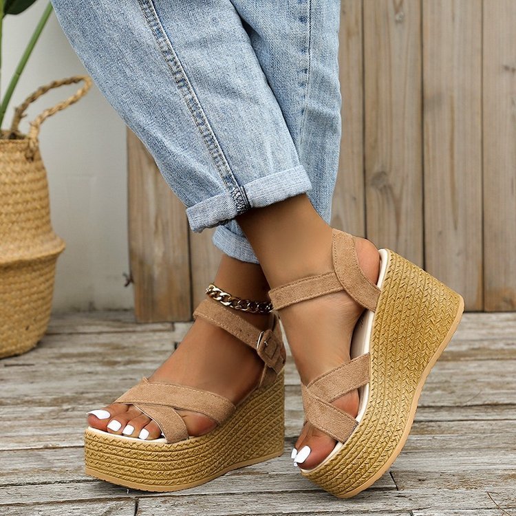 Sandales compensées pour femmes, chaussures d'été décontractées antidérapantes à plateforme et talons en chanvre