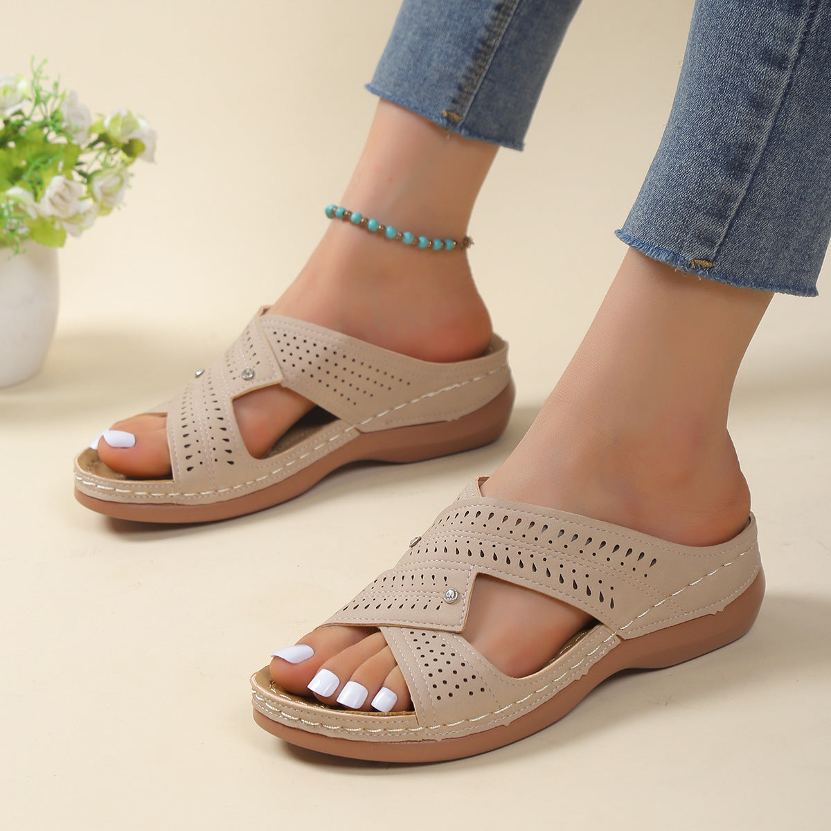 Pantoufles d'été pour femmes, talons bas, sandales compensées, chaussures de plage antidérapantes