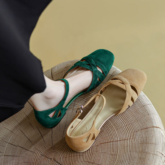 Classic Retro Sandals Women's Summer Round Toe Frosted Toe Box Soft Bottom Flat Shoes