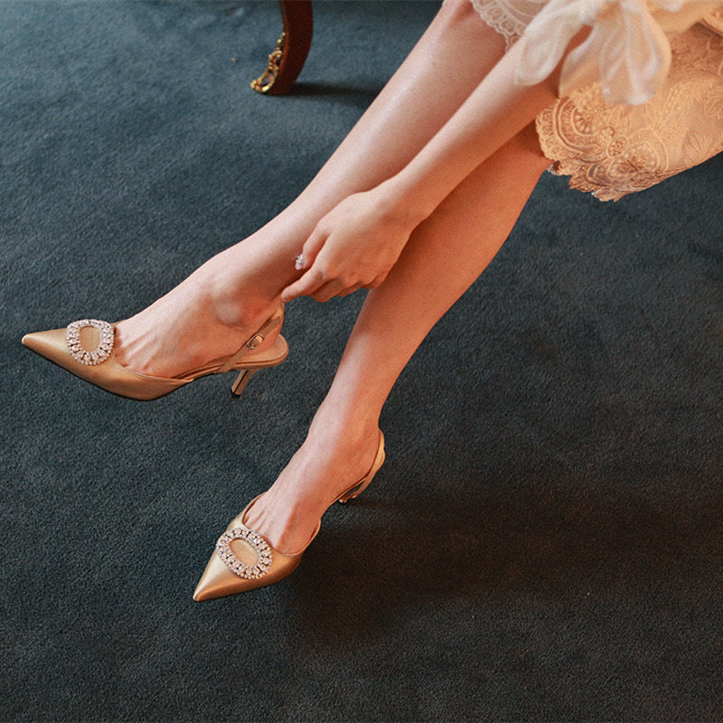 Escarpins élégants à talons hauts et strass pour femmes, chaussures de mariage, sandales de soirée à bride à boucle et cristal