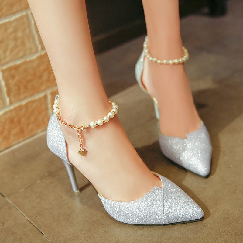 Escarpins pour femmes, chaussures à talons hauts, perles et paillettes 