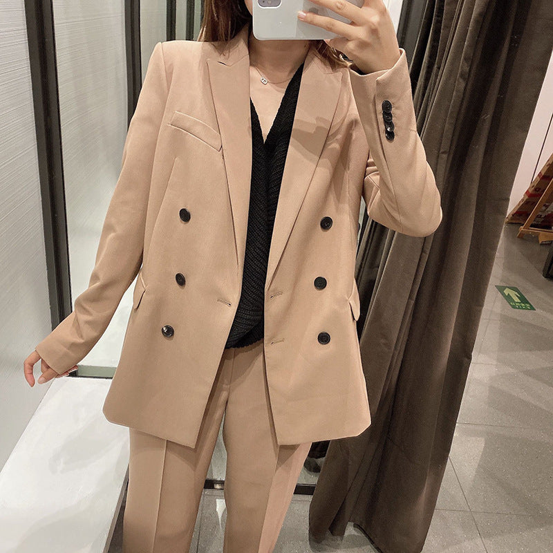 Blazer croisé professionnel pour femme, automne, avec surpiqûres décoratives et pantalon drapé
