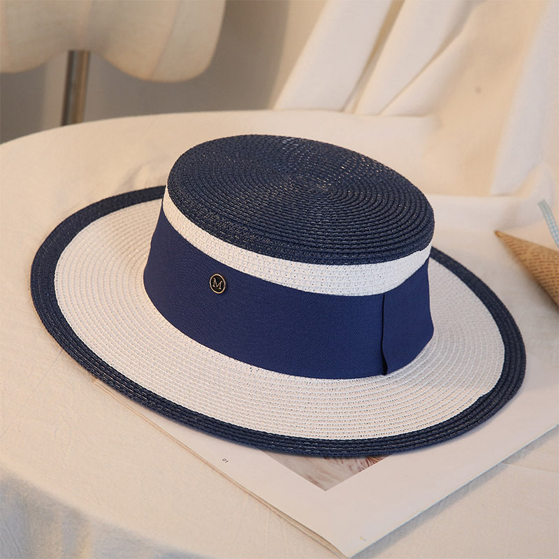 Chapeau de paille plat élégant pour femme, style rétro, pour l'été, idéal pour les voyages, les loisirs, la plage, le soleil, respirant, avec lettre M