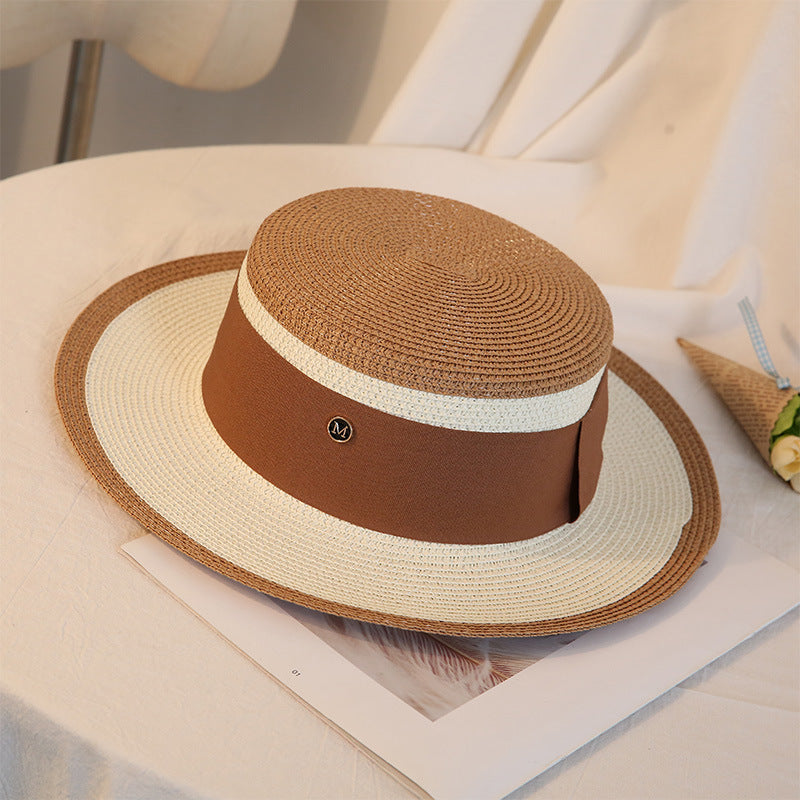 Chapeau de paille plat élégant pour femme, style rétro, pour l'été, idéal pour les voyages, les loisirs, la plage, le soleil, respirant, avec lettre M