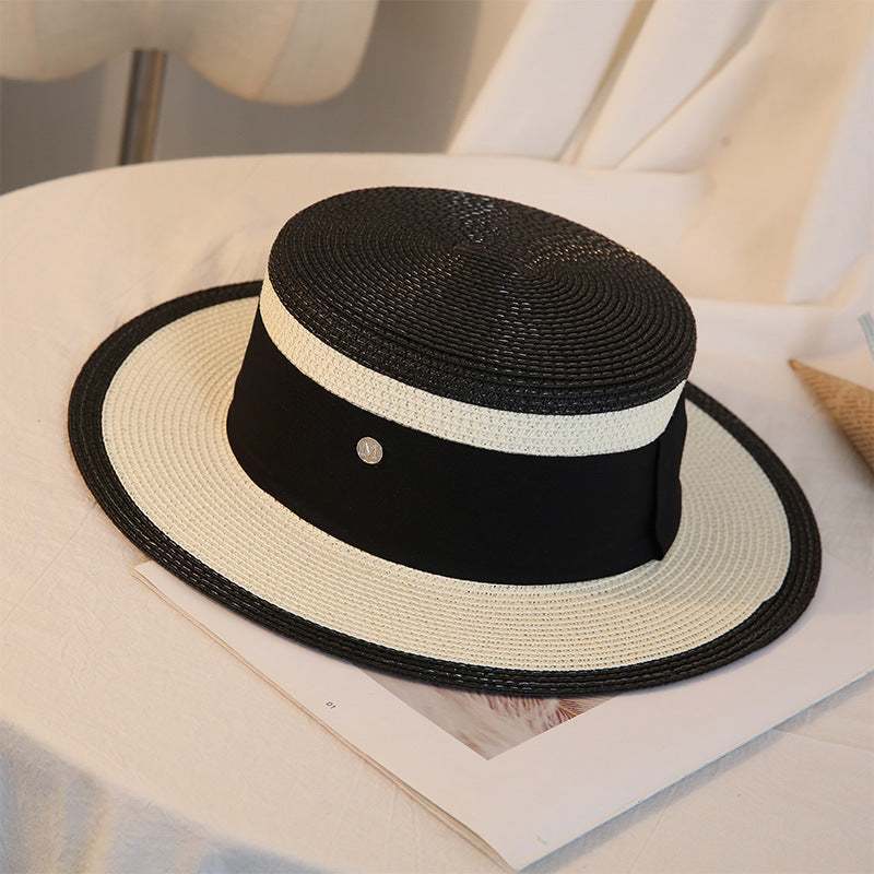 Chapeau de paille plat élégant pour femme, style rétro, pour l'été, idéal pour les voyages, les loisirs, la plage, le soleil, respirant, avec lettre M