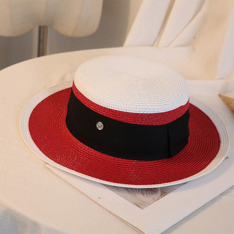 Chapeau de paille plat élégant pour femme, style rétro, pour l'été, idéal pour les voyages, les loisirs, la plage, le soleil, respirant, avec lettre M