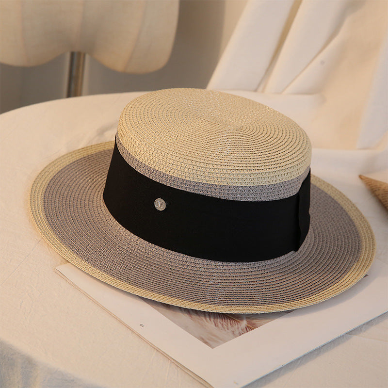 Chapeau de paille plat élégant pour femme, style rétro, pour l'été, idéal pour les voyages, les loisirs, la plage, le soleil, respirant, avec lettre M