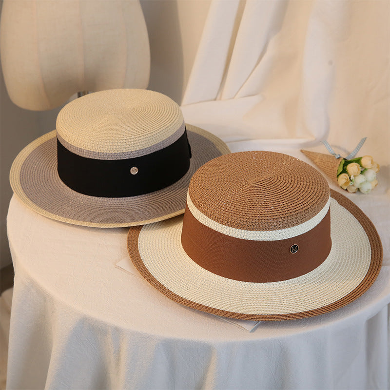 Chapeau de paille plat élégant pour femme, style rétro, pour l'été, idéal pour les voyages, les loisirs, la plage, le soleil, respirant, avec lettre M