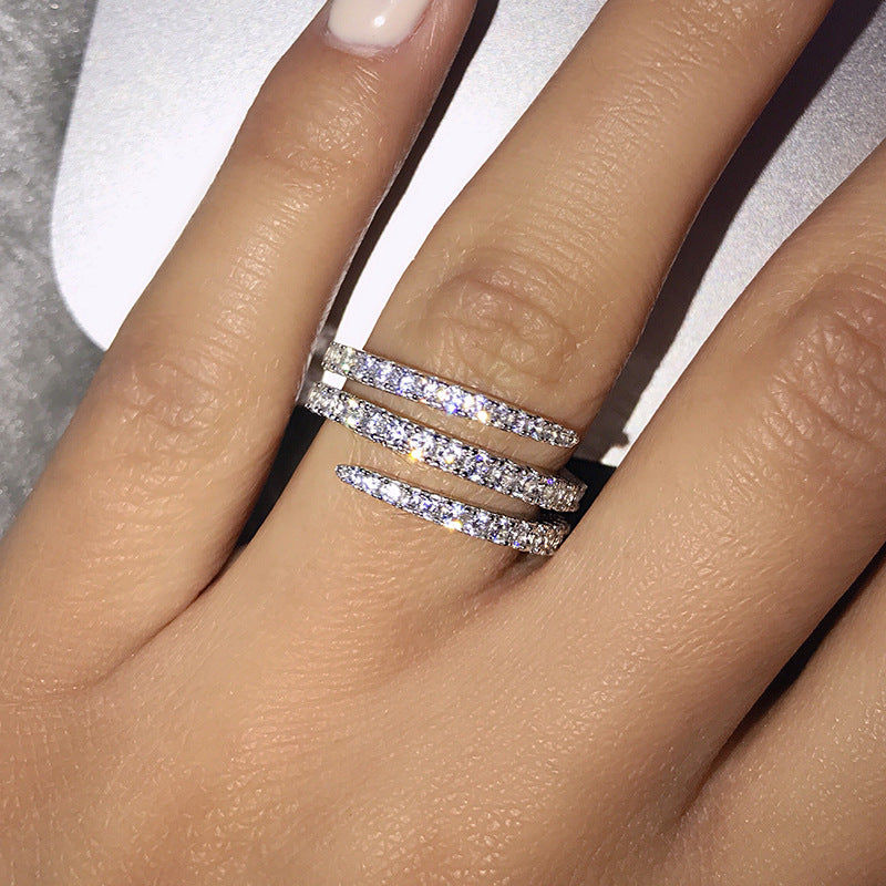 Micro-encrusted Diamond Ring Three Rings With European And American Personality