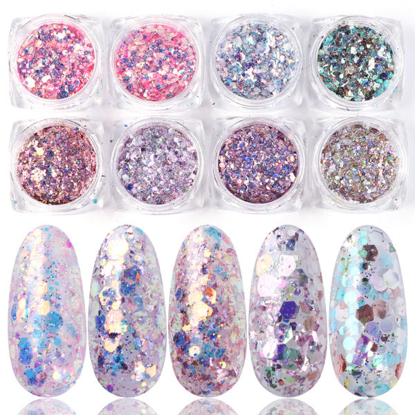 Coffret de 8 boîtes de poudres pailletées pour nail art