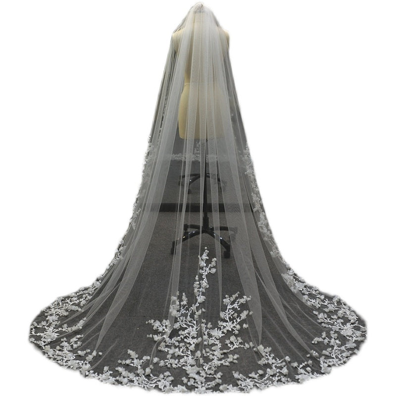 Bridal Fashion Trailing Lace Solid Color Veil