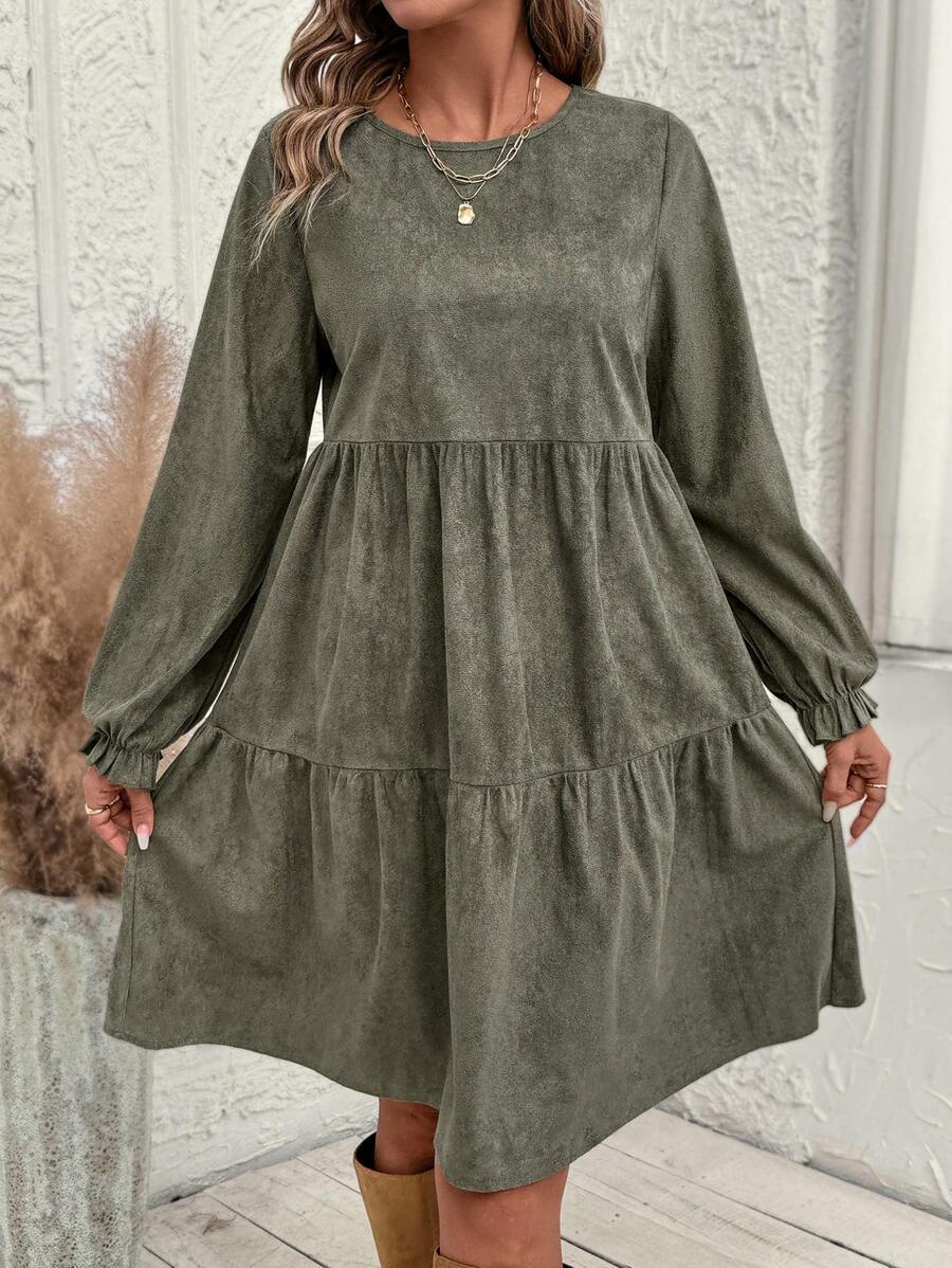 Robe mi-longue décontractée à volants et manches unies pour femme, printemps et automne