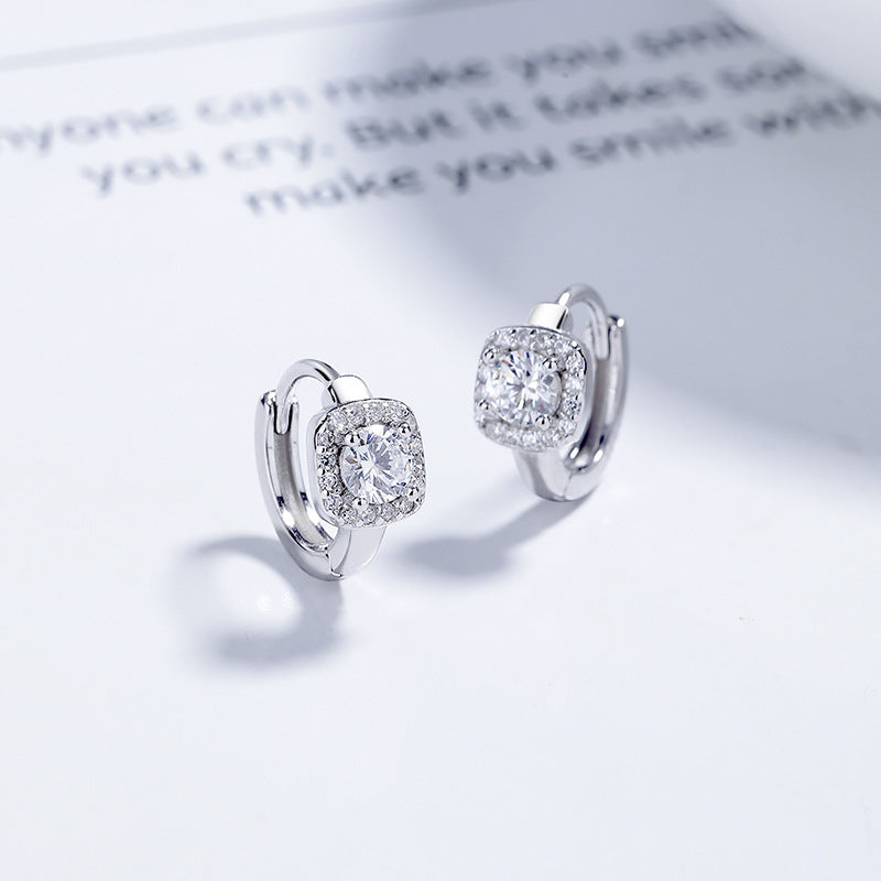 925 Sterling Silver Square Round Full Diamond Earrings Women