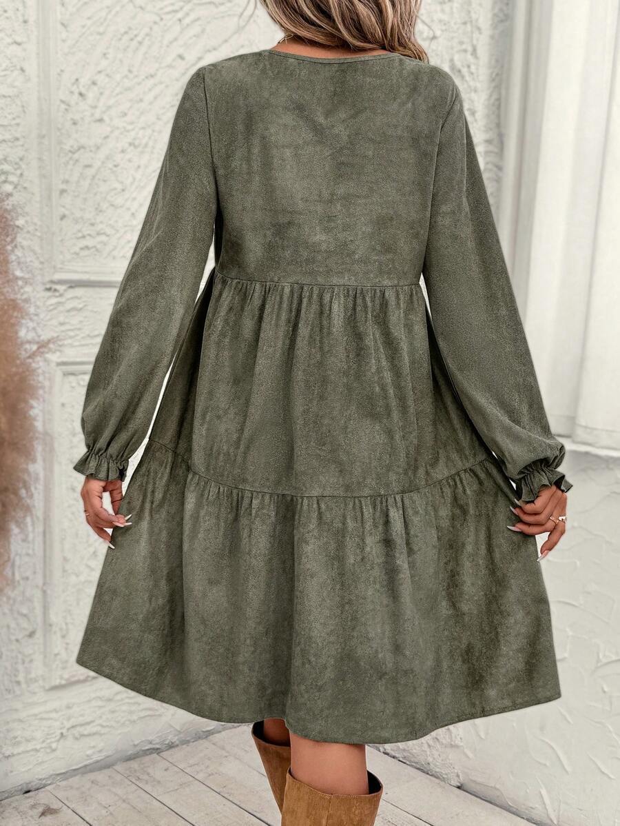 Robe mi-longue décontractée à volants et manches unies pour femme, printemps et automne