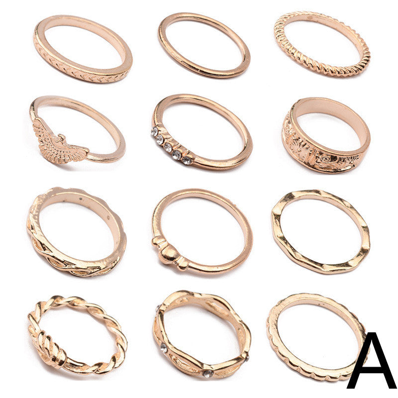 Geometric Circle Gold Rings Set featuring 12 unique alloy designs with textured, braided, and stone-accented styles for modern stacking.