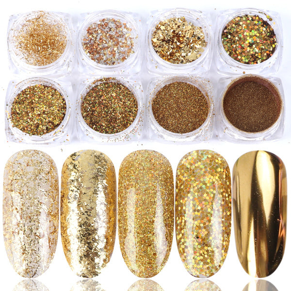 Coffret de 8 boîtes de poudres pailletées pour nail art
