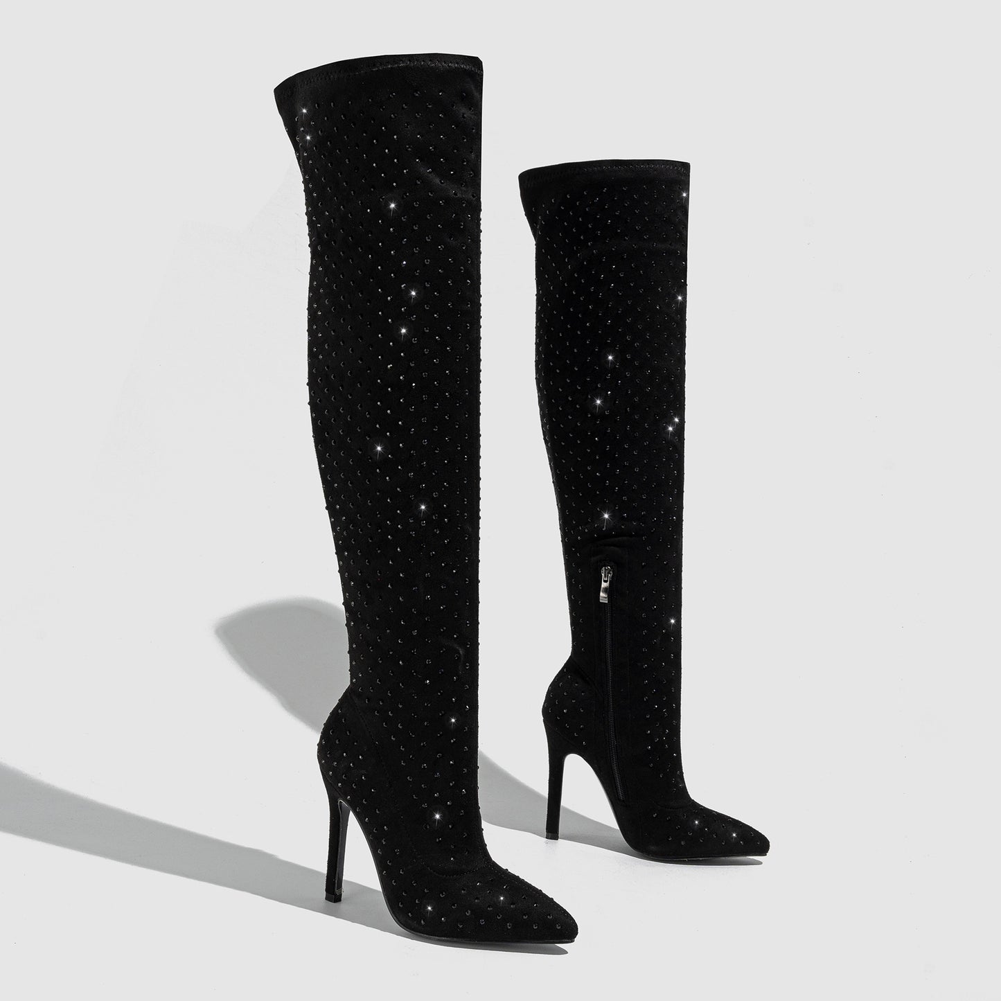 Bottes hautes au-dessus du genou à bout pointu et talon aiguille en diamant avec fermeture éclair latérale