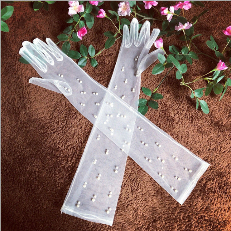 Summer Thin Bridal Pearl Mesh Gloves