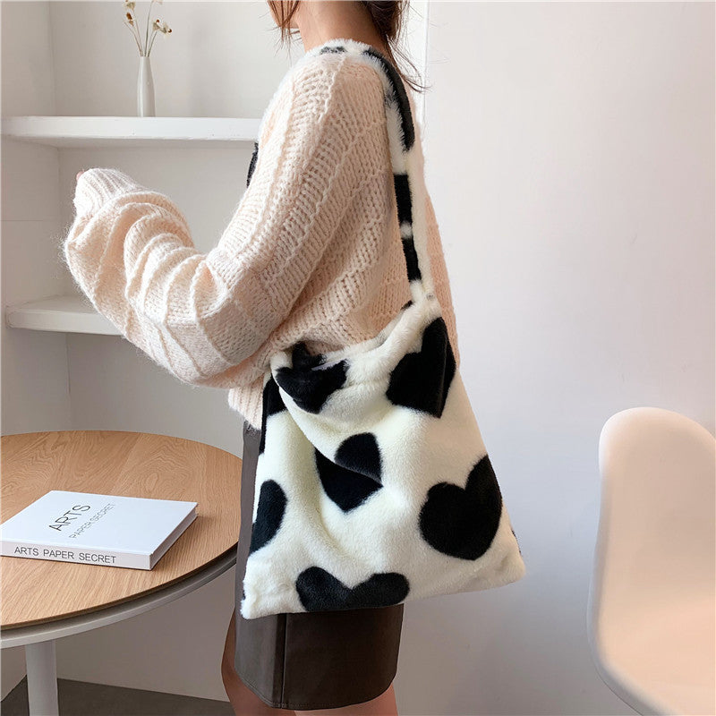 Sacs à bandoulière en peluche pour femmes, motif cœur d'amour, sacs de courses d'hiver