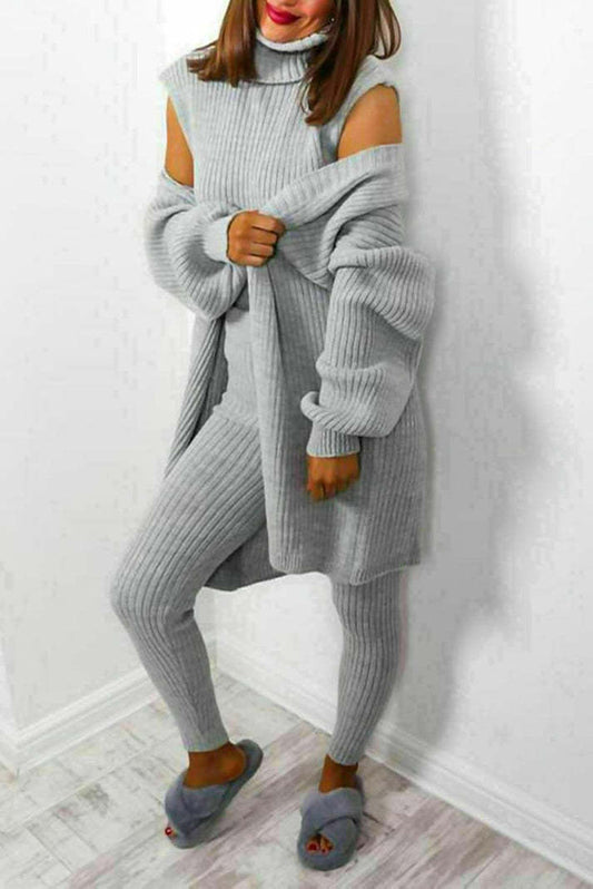 Ensemble de survêtement 3 pièces pour femme, col roulé, tricot épais côtelé, tenue de détente
