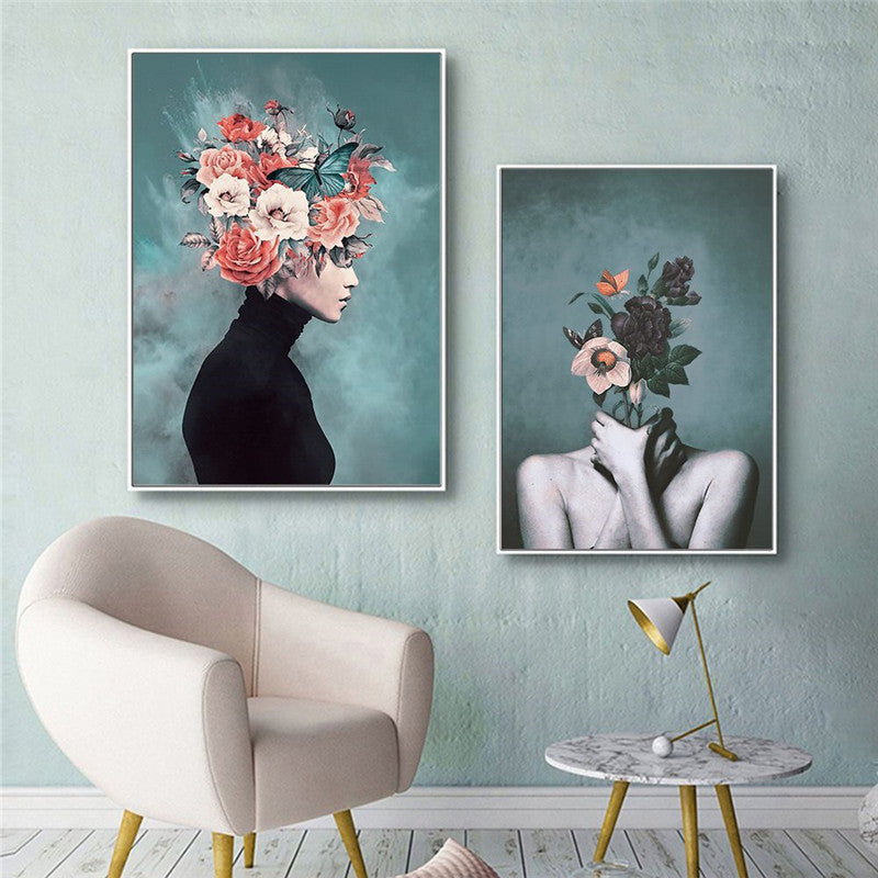 Peinture abstraite sur toile représentant un personnage floral, décoration de salon moderne
