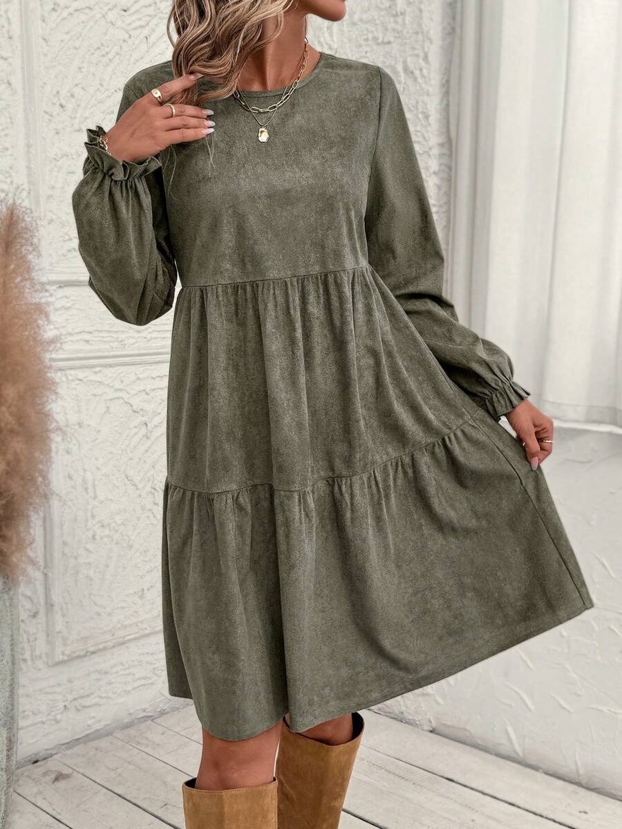 Robe mi-longue décontractée à volants et manches unies pour femme, printemps et automne
