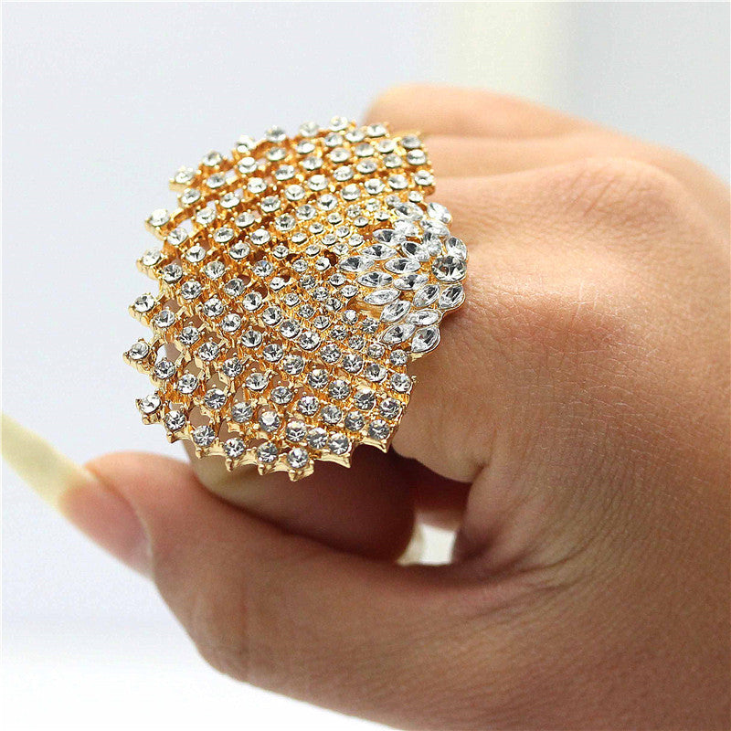 Fashion All-match Full Diamond Geometric Earrings Ring Set Women