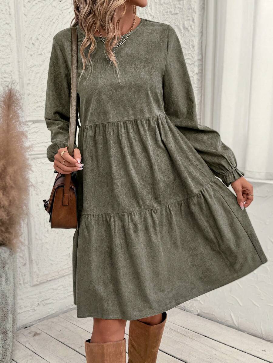 Robe mi-longue décontractée à volants et manches unies pour femme, printemps et automne
