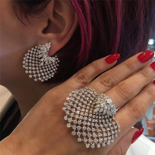 Fashion All-match Full Diamond Geometric Earrings Ring Set Women