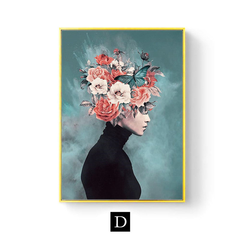 Peinture abstraite sur toile représentant un personnage floral, décoration de salon moderne
