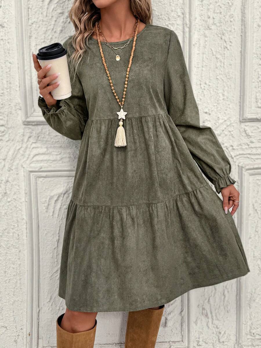 Robe mi-longue décontractée à volants et manches unies pour femme, printemps et automne