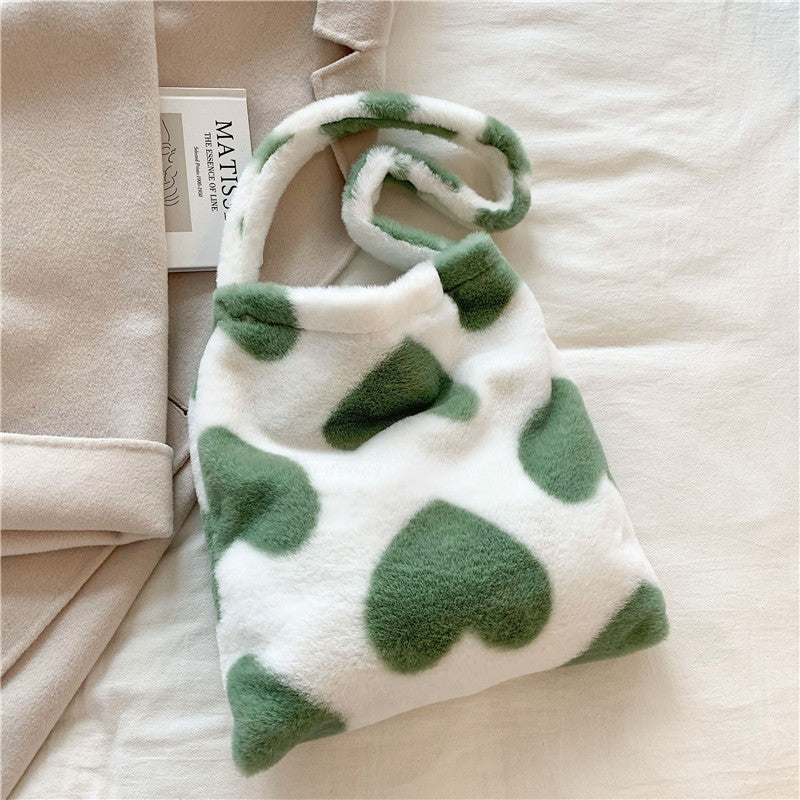 Sacs à bandoulière en peluche pour femmes, motif cœur d'amour, sacs de courses d'hiver