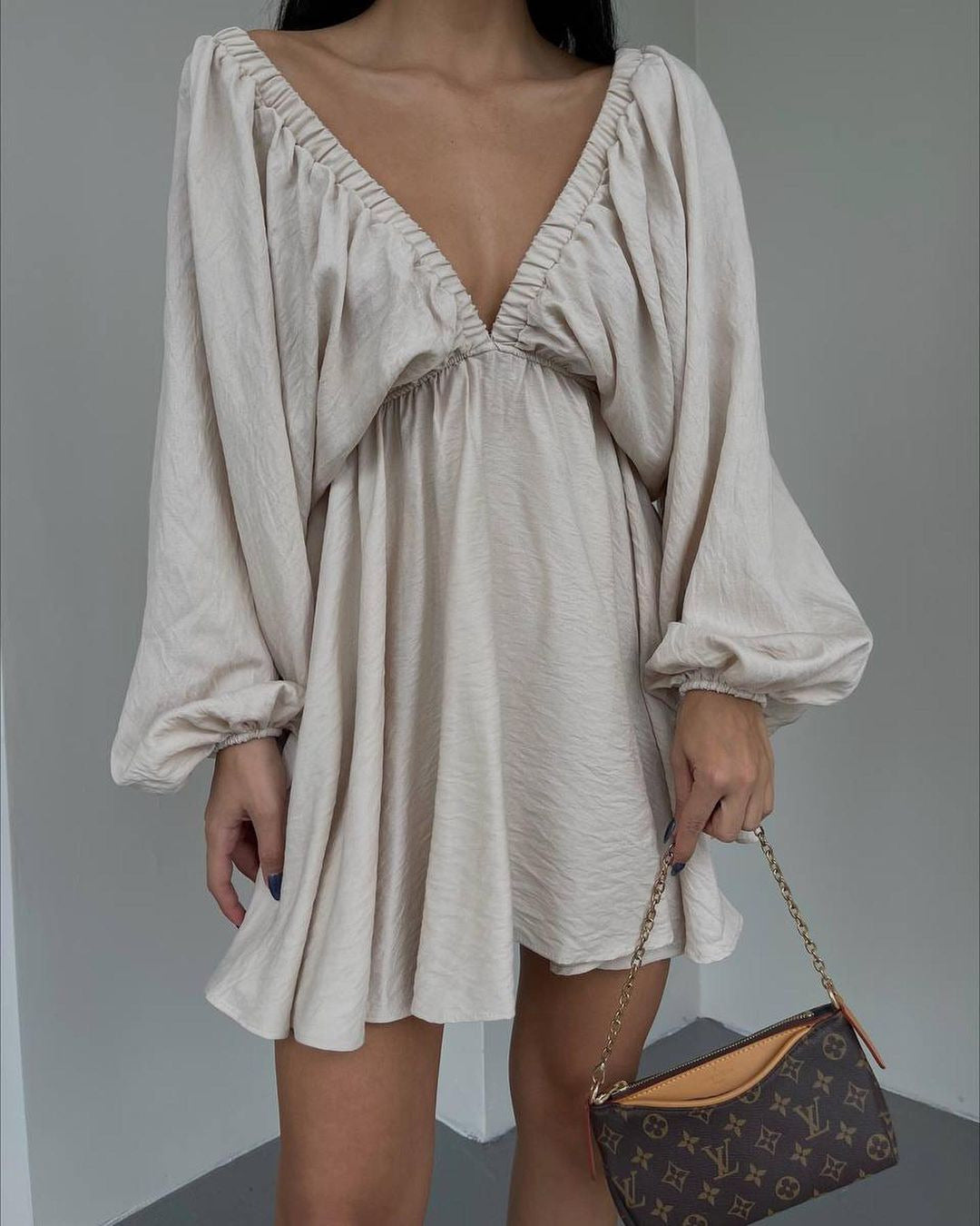 V-neck Lantern Sleeve Dress Fashion Loose Long-sleeved Dresses For Women Clothing