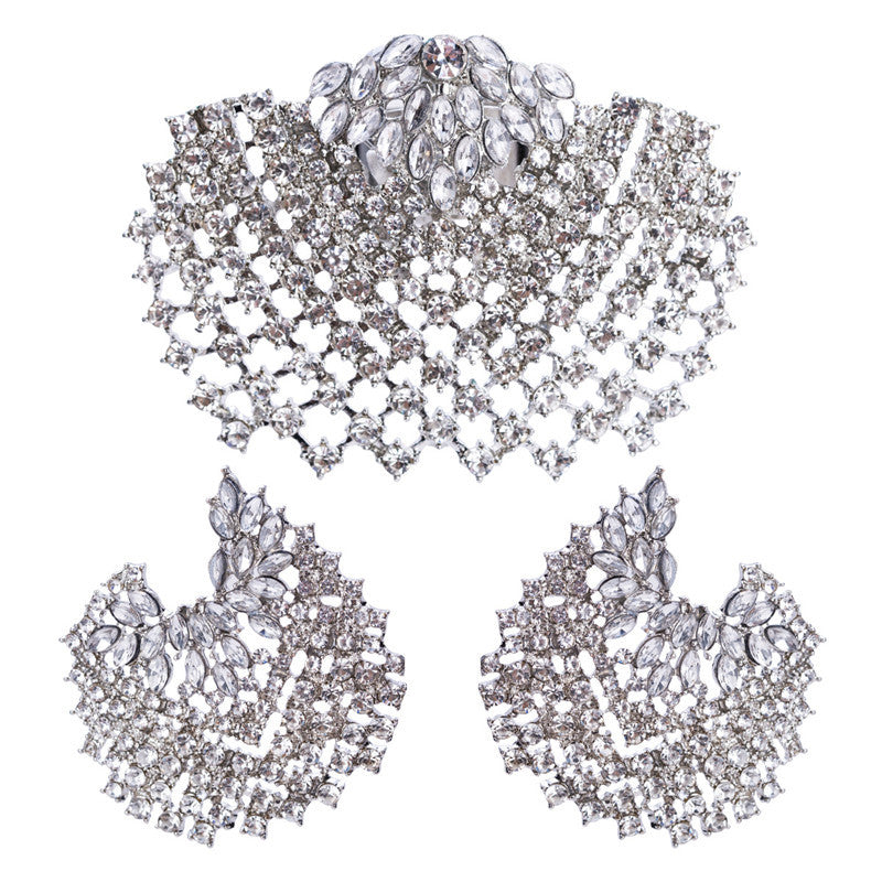 Fashion All-match Full Diamond Geometric Earrings Ring Set Women