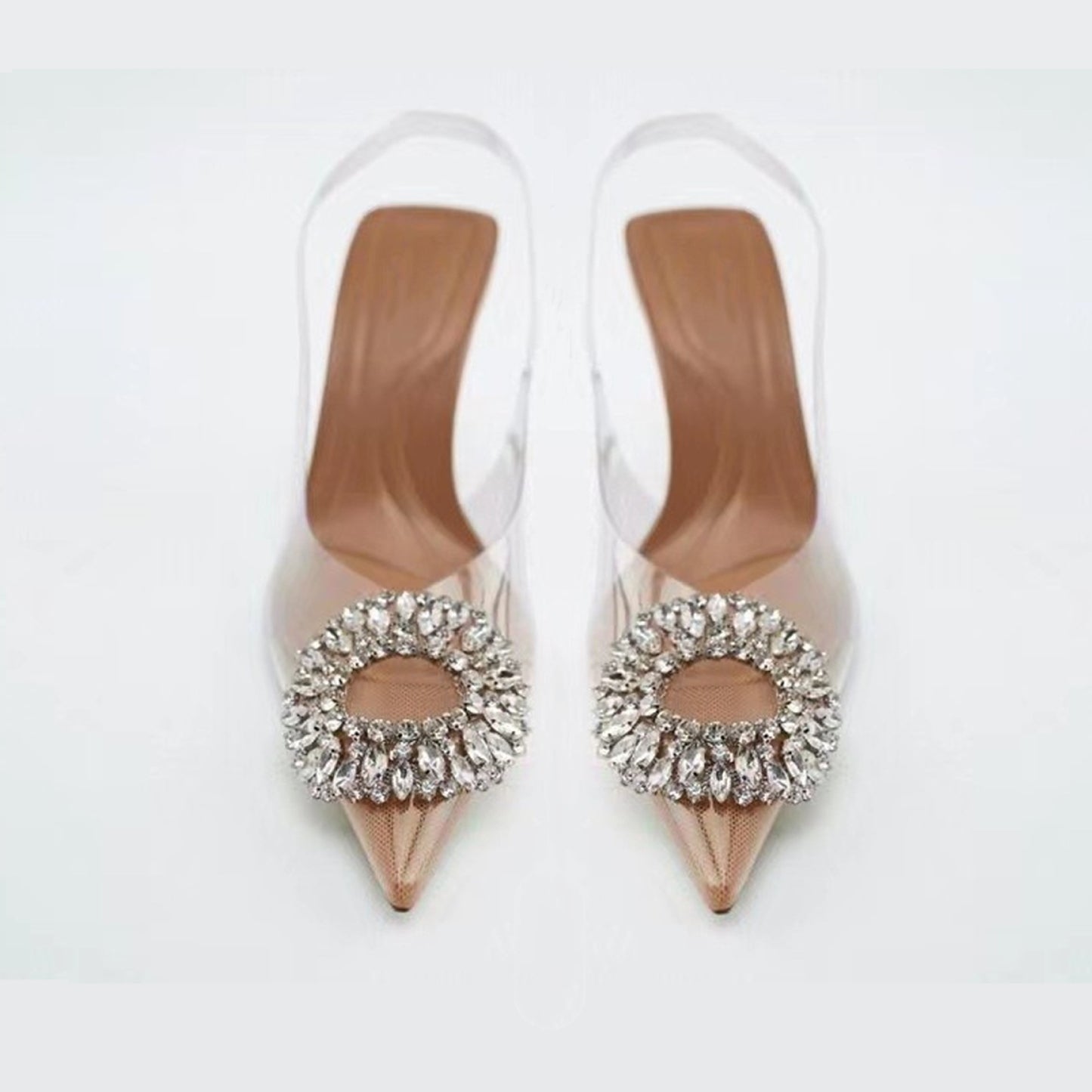 Za Shoes High Heel Sandals Women's Transparent Back Strap Water Diamond Decorations Closed Toe Sandals Pointed Toe Pumps High Heels Stiletto Heel