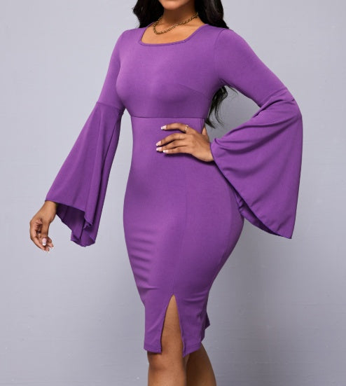 Robe moulante décontractée à manches en dentelle de couleur unie pour femme 