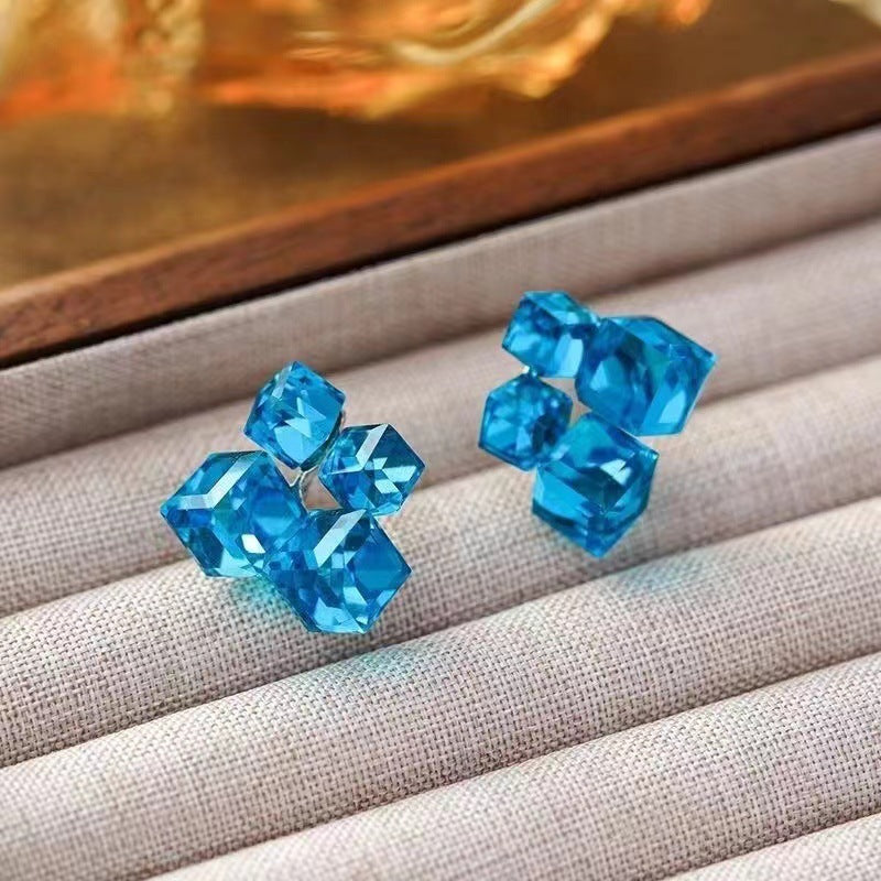 Light Luxury Geometric Color Matching Three-dimensional Crystal Cube Sugar Ear Studs