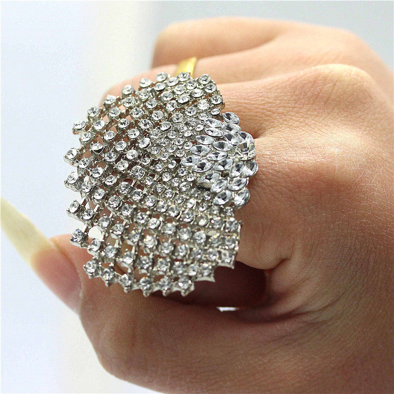 Fashion All-match Full Diamond Geometric Earrings Ring Set Women